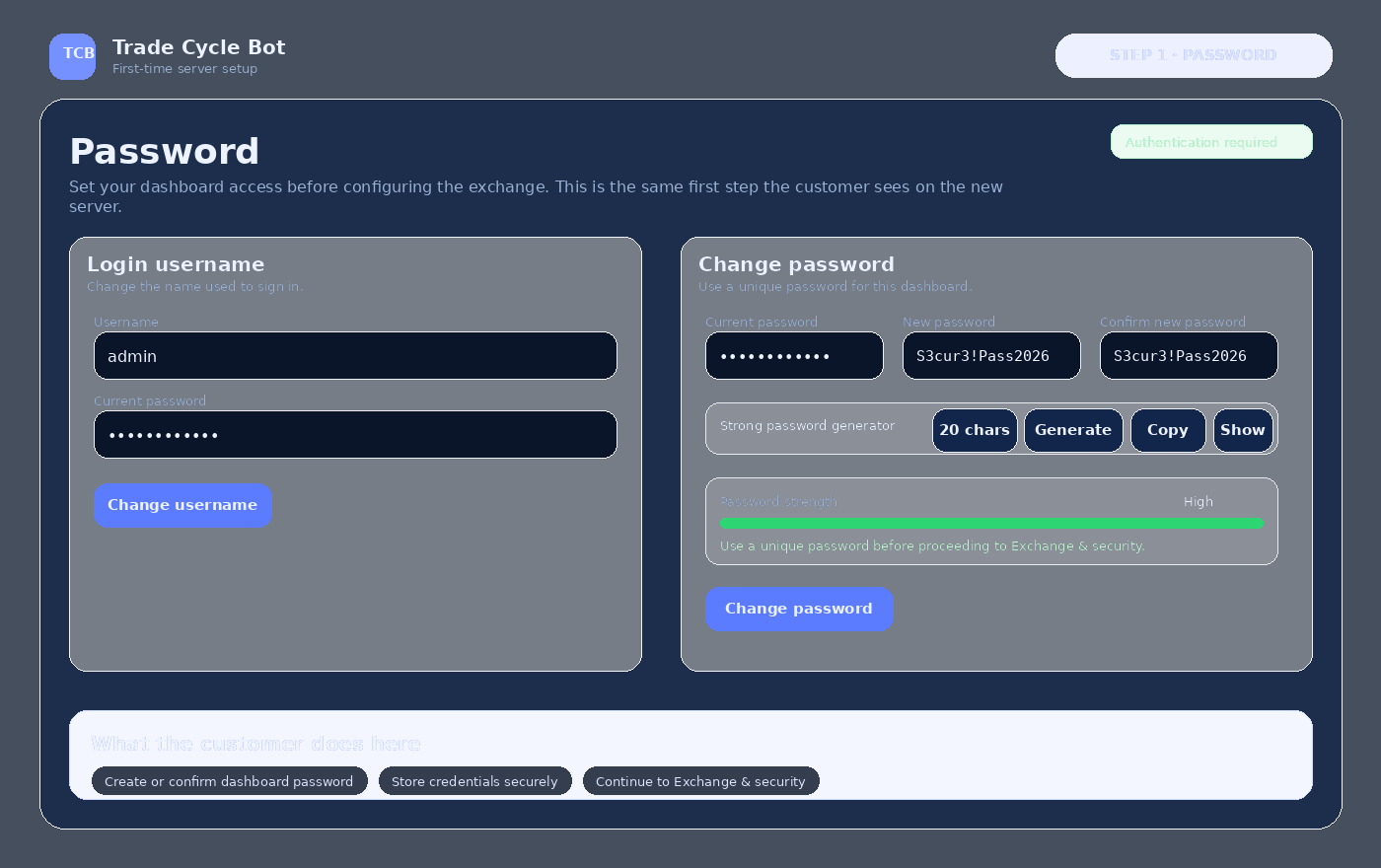 TCB onboarding password step